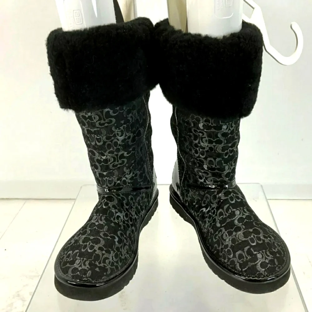 Coach Designer Nikole Black & Glittery Gray Signature Fabric & Fur Boots Size 5
